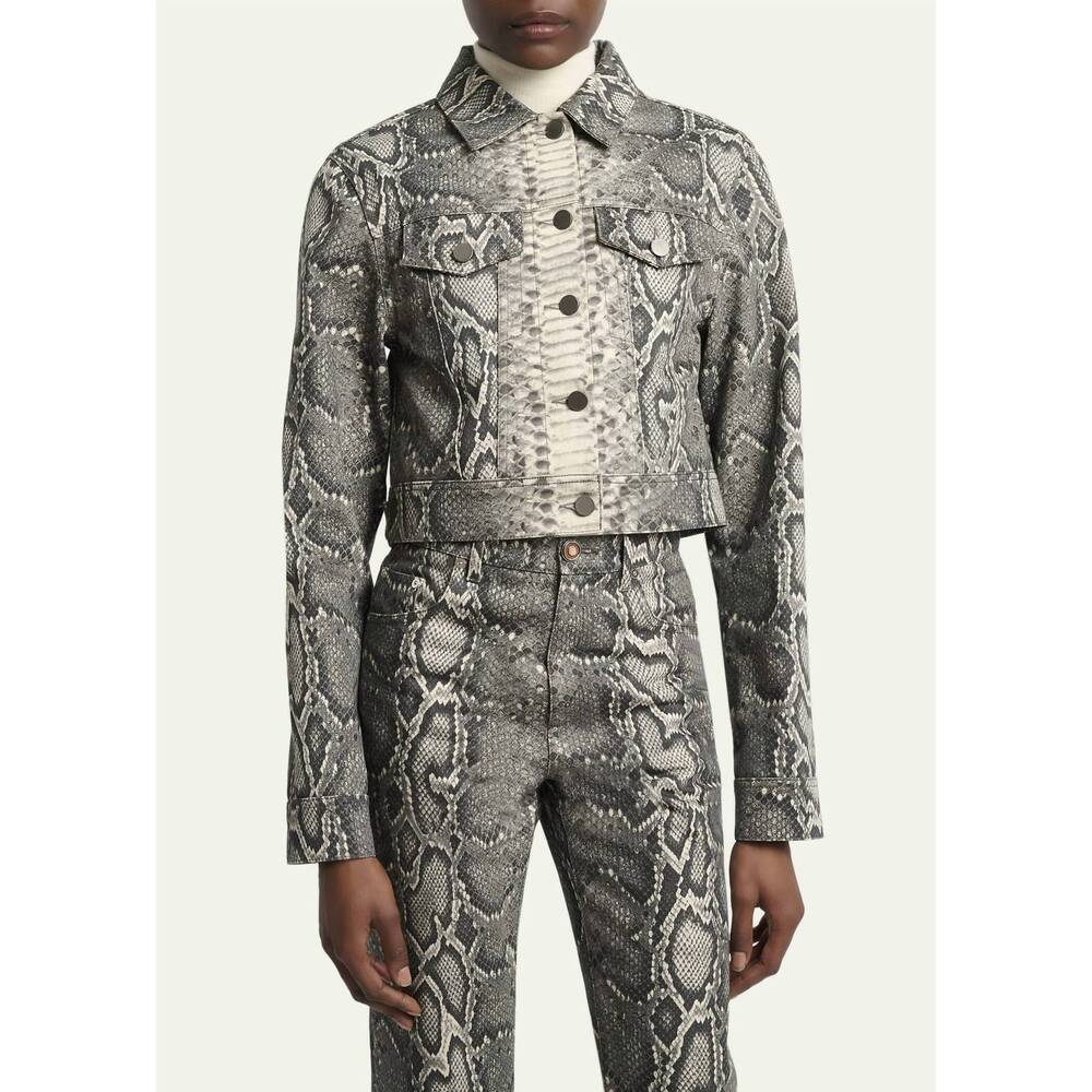 NEW GABRIELA HEARST bronte snakeskin-print crop denim jacket in greyscale